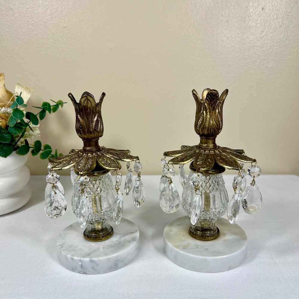 Vintage Glass Marble & Brass Candlestick Holders w/ Teardrop Pendants | Set of 2